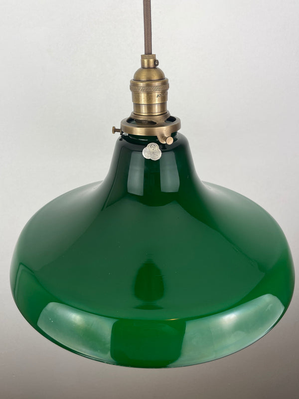 Large French Vianne 12 1/4" Emerald Green Hand Blown Glass Shade with white interior casting Pendant Light