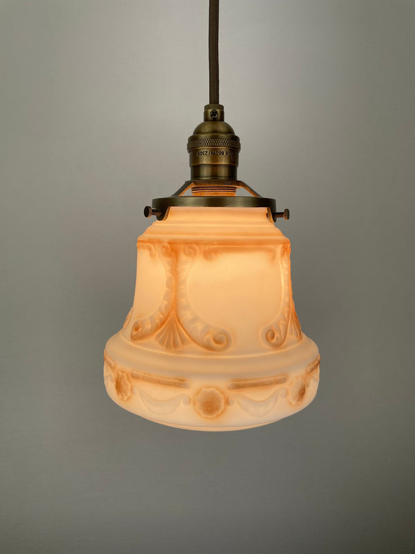 Art Nouveau White with Amber Accents Decorative 6 1/2" Satin Milk Glass Shade w/Antique Brass Hardware