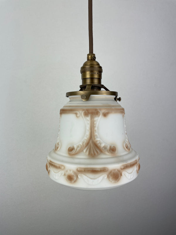 Art Nouveau White with Amber Accents Decorative 6 1/2" Satin Milk Glass Shade w/Antique Brass Hardware