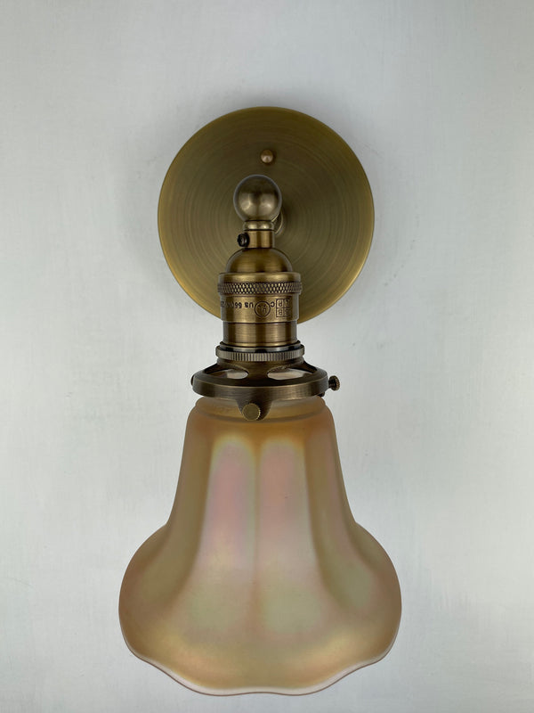 1900's Rare Pair of 5 1/8" Iridescent Signed Nuart Glass shades | Now a pair of Sconces with Antique Brass Hardware