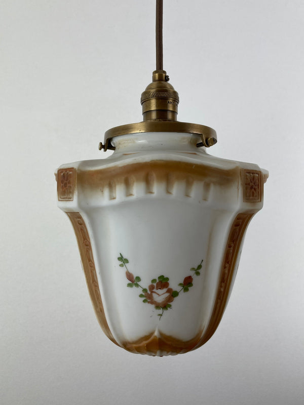 Art Nouveau White with Amber Accents Decorative 8 1/2" Satin Milk Glass Shade with Painted flowers w/Antique Brass Hardware