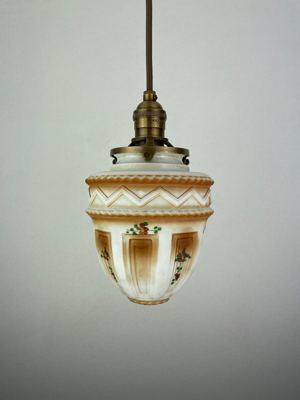 Art Nouveau White with Amber Accents Decorative 6" Satin Milk Glass Shade with Painted flowers w/Antique Brass Hardware