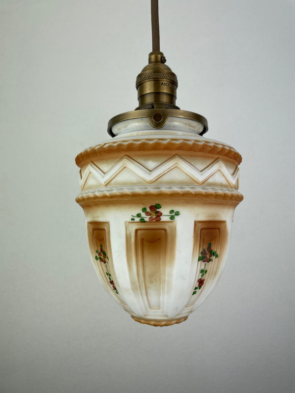 Art Nouveau White with Amber Accents Decorative 6" Satin Milk Glass Shade with Painted flowers w/Antique Brass Hardware