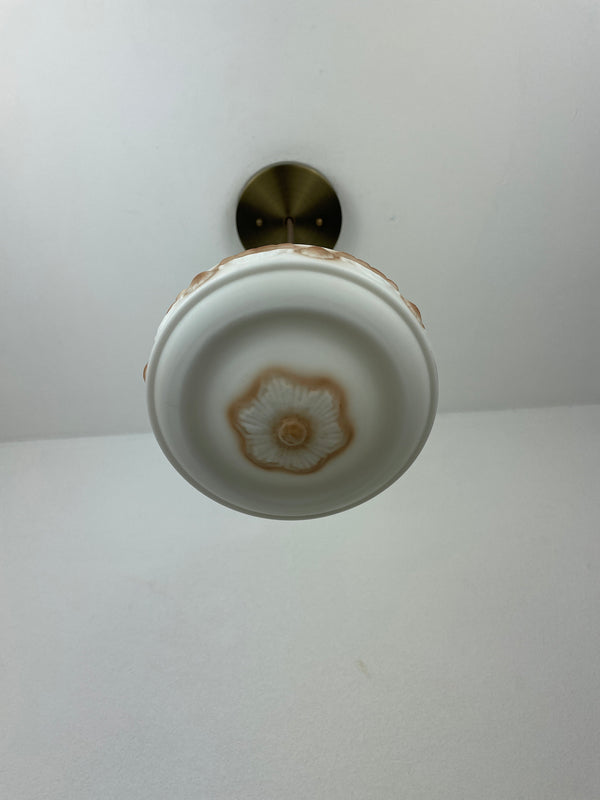 Art Nouveau White with Amber Accents Decorative 6 1/2" Satin Milk Glass Shade w/Antique Brass Hardware