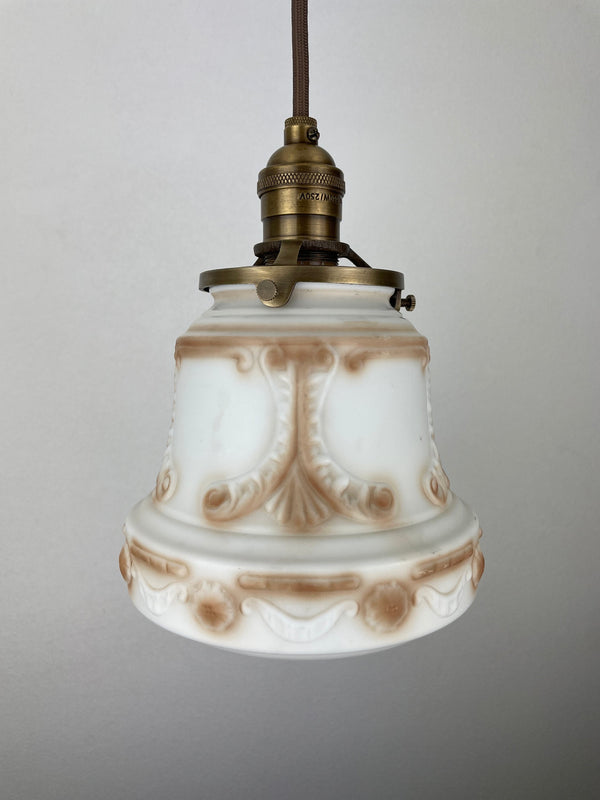 Art Nouveau White with Amber Accents Decorative 6 1/2" Satin Milk Glass Shade w/Antique Brass Hardware