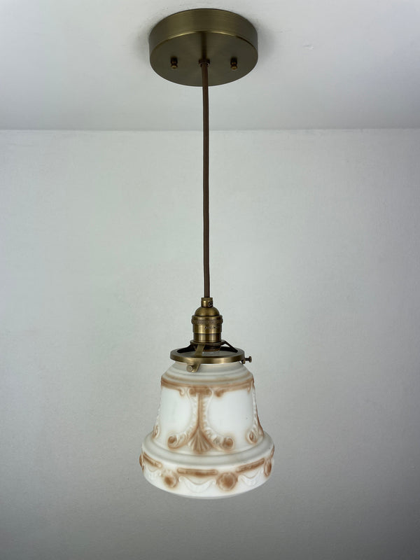 Art Nouveau White with Amber Accents Decorative 6 1/2" Satin Milk Glass Shade w/Antique Brass Hardware