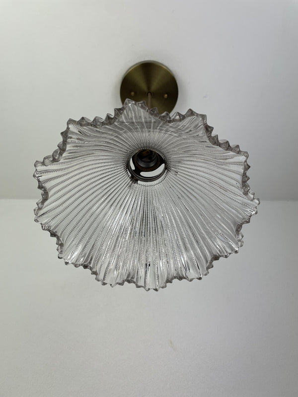 Art Deco ruffled prismatic 8" glass shade with a zipper design