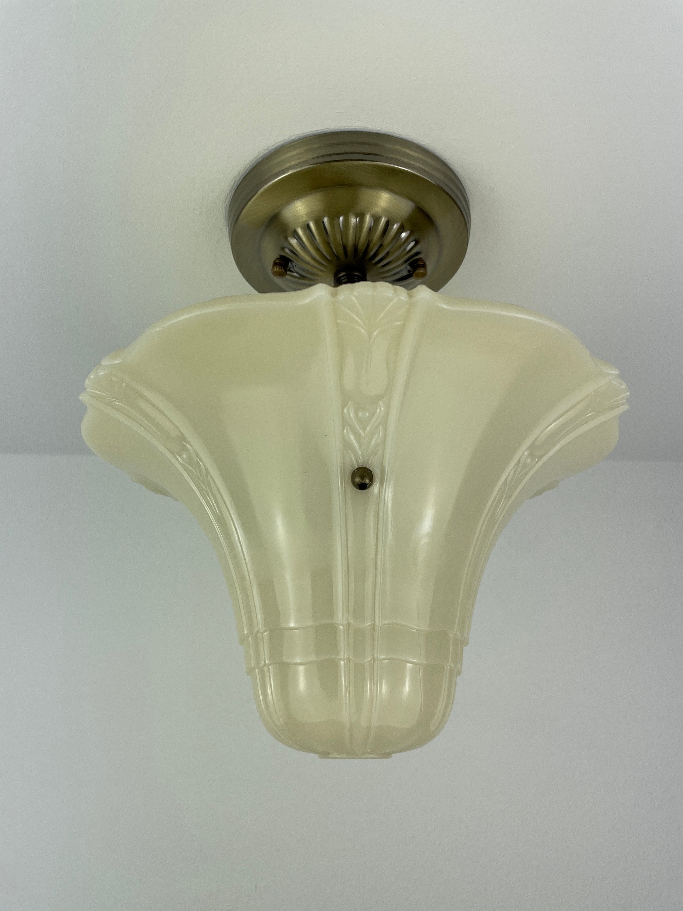 1940's 3 Chain Semiflush Light -  with decorative Custard Glass shade with new antique brass 3 chain hardware