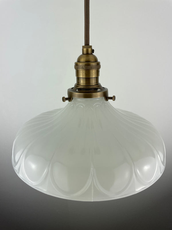 Large 9" 1920's Off White Translucent Decorative Milk Glass Shade now a beautiful Pendant Light with Antique Brass Hardware