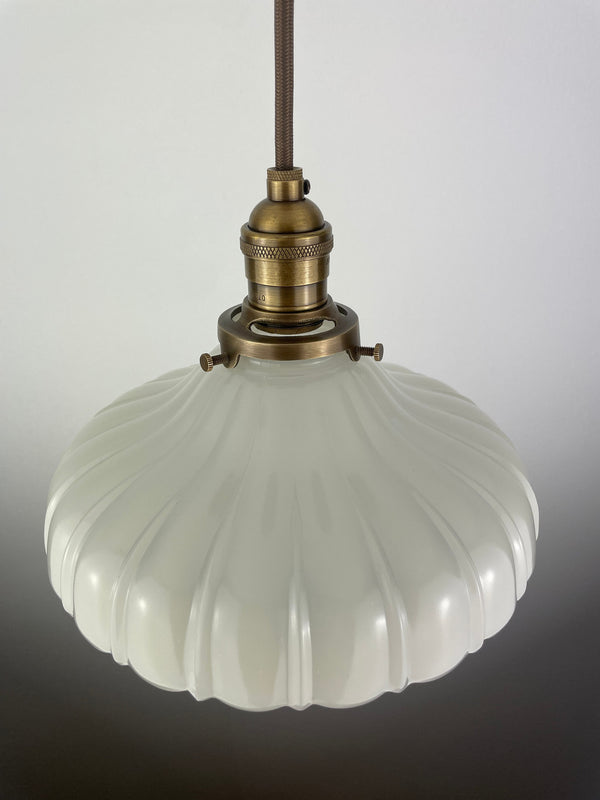 1920's Off White Translucent 8 3/4" Milk Glass Shade now a beautiful Pendant Light with Antique Brass Hardware