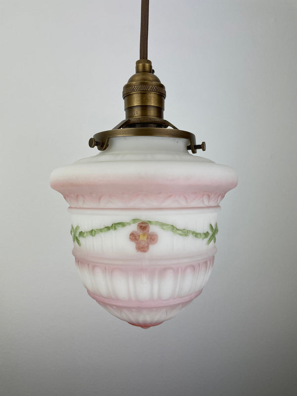 Art Nouveau Pink & White 6 1/4" Milk Glass Shade w/Antique Brass Hardware