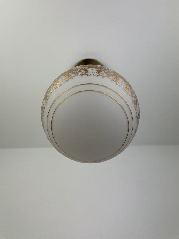 Set of (2) French Vianne 6" hand blown white satin finish glass shades with intricate gold etching