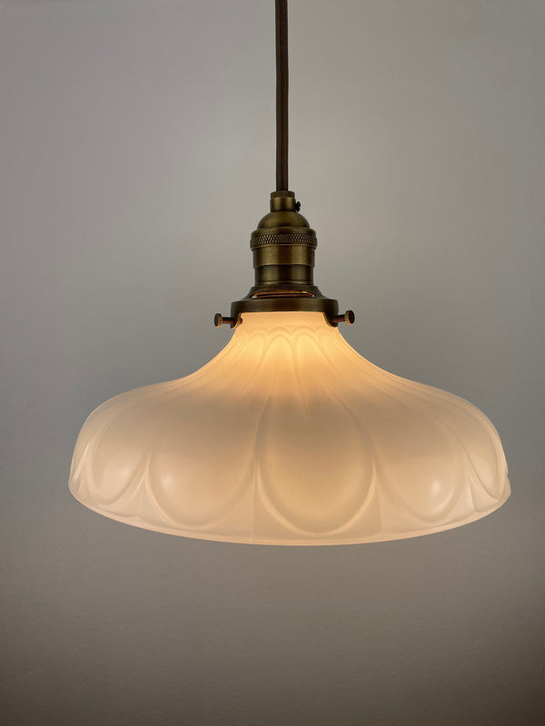 Large 9" 1920's Off White Translucent Decorative Milk Glass Shade now a beautiful Pendant Light with Antique Brass Hardware