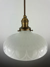 Large 9" 1920's Off White Translucent Decorative Milk Glass Shade now a beautiful Pendant Light with Antique Brass Hardware