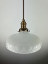 Large 9" 1920's Off White Translucent Decorative Milk Glass Shade now a beautiful Pendant Light with Antique Brass Hardware