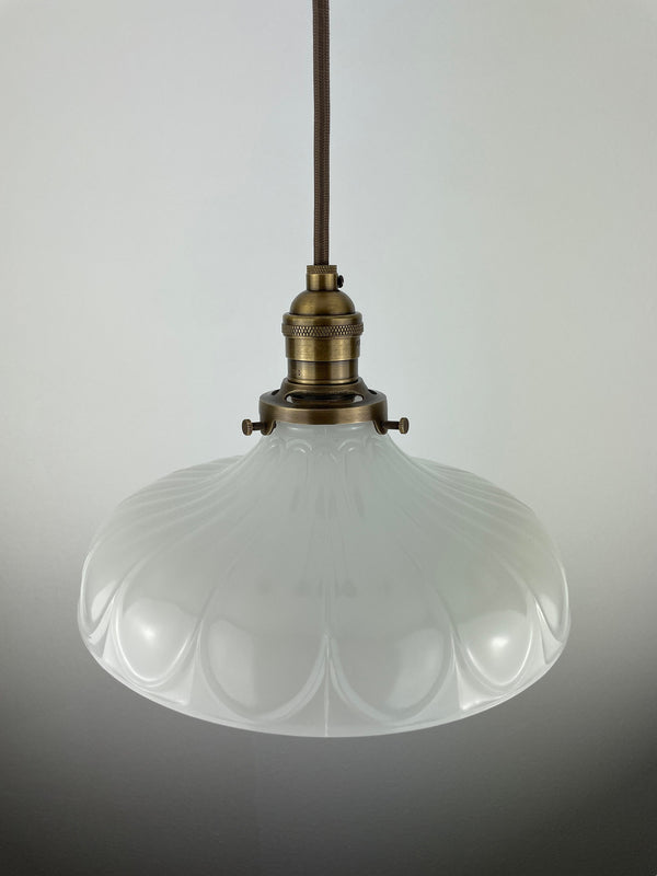 Large 9" 1920's Off White Translucent Decorative Milk Glass Shade now a beautiful Pendant Light with Antique Brass Hardware