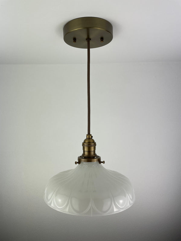 Large 9" 1920's Off White Translucent Decorative Milk Glass Shade now a beautiful Pendant Light with Antique Brass Hardware