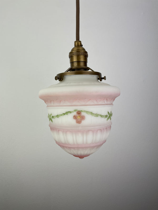Art Nouveau Pink & White 6 1/4" Milk Glass Shade w/Antique Brass Hardware