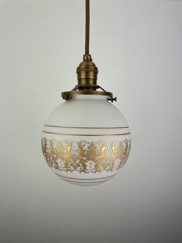 Set of (2) French Vianne 6" hand blown white satin finish glass shades with intricate gold etching