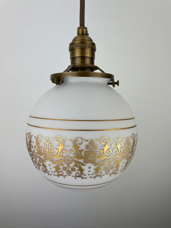 Set of (2) French Vianne 6" hand blown white satin finish glass shades with intricate gold etching