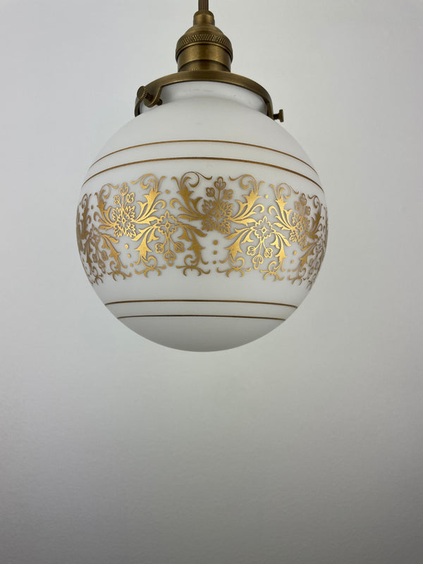 Set of (2) French Vianne 6" hand blown white satin finish glass shades with intricate gold etching