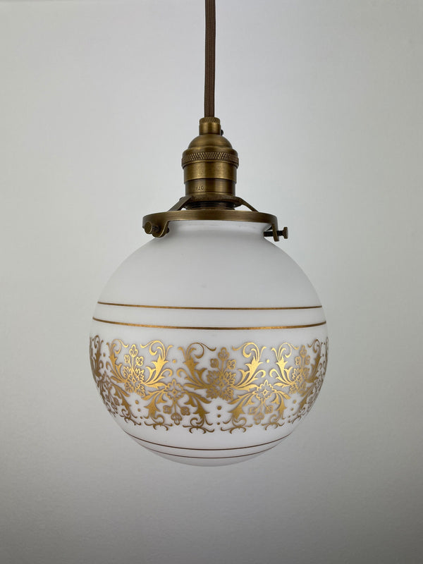 Set of (2) French Vianne 6" hand blown white satin finish glass shades with intricate gold etching
