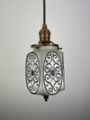 Pair of MCM Black and White shades with 6 ornate raised oval panels with Brass Finial on base ***Note price is for pair***