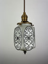 Pair of MCM Black and White shades with 6 ornate raised oval panels with Brass Finial on base ***Note price is for pair***
