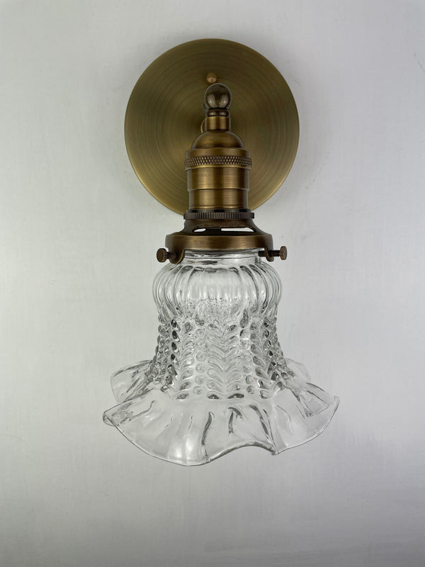 German MCM Super ruffled edge glass shades 6 1/2" now 2 sconces shown with Antique Brass Hardware ***Note price is for Pair***