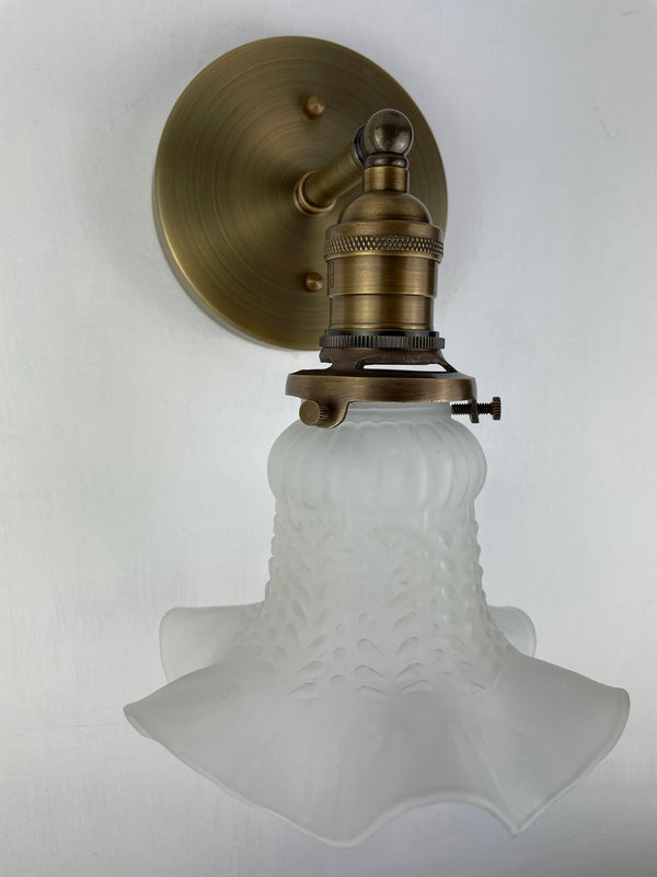 German MCM Super ruffled edge frosted glass shades 6" now 2 sconces shown with Antique Brass Hardware ***Note price is for Pair***