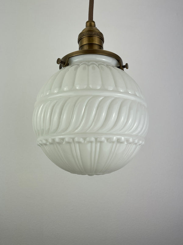Art Nouveau Milk Glass 6 " decorative Shade with delicately raised design w/Antique Brass Hardware