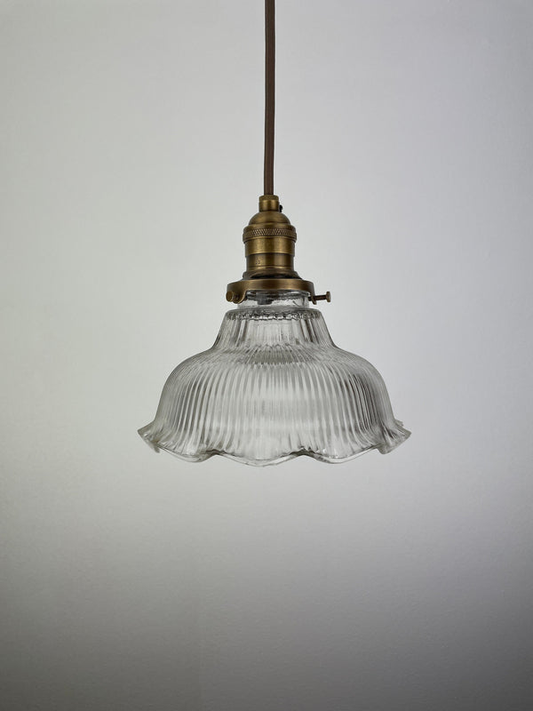 Vintage fluted Holophane Style Clear glass 7 1/4" Shade with ruffled edge w/Antique Brass Hardware