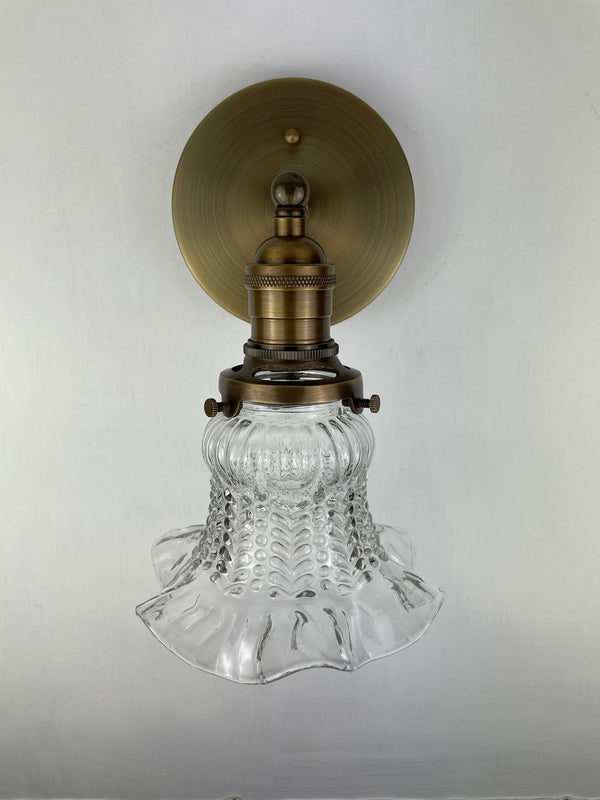 German MCM Super ruffled edge glass shades 6 1/2" now 2 sconces shown with Antique Brass Hardware ***Note price is for Pair***