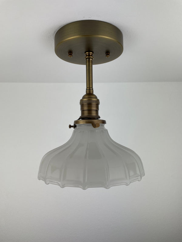 1930's 7 1/4" Off White Milk Glass Shade now a semiflush fixture with Antique Brass Hardware