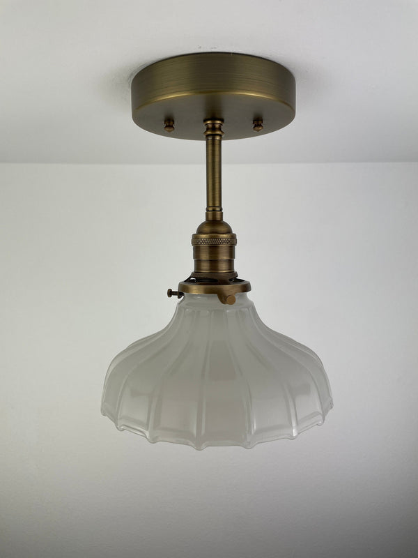 1930's 7 1/4" Off White Milk Glass Shade now a semiflush fixture with Antique Brass Hardware