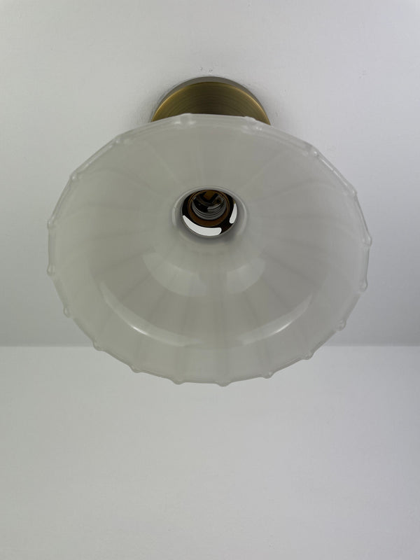 1930's 7 1/4" Off White Milk Glass Shade now a semiflush fixture with Antique Brass Hardware