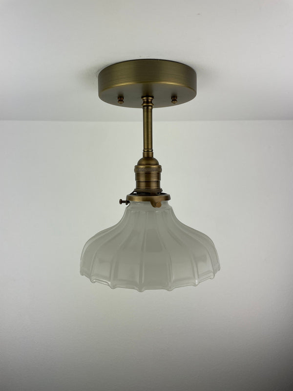 1930's 7 1/4" Off White Milk Glass Shade now a semiflush fixture with Antique Brass Hardware