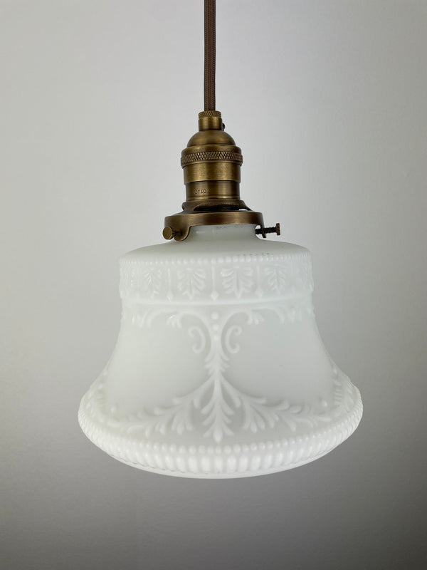 Art Nouveau Milk Glass 6 1/2" decorative Shade with delicately intertwining vines w/Antique Brass Hardware