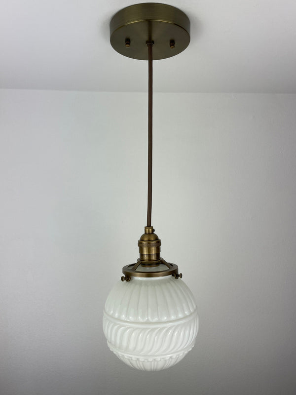 Art Nouveau Milk Glass 6 " decorative Shade with delicately raised design w/Antique Brass Hardware