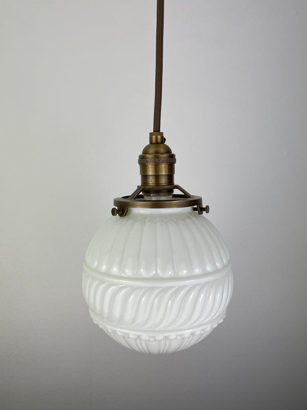 Art Nouveau Milk Glass 6 " decorative Shade with delicately raised design w/Antique Brass Hardware