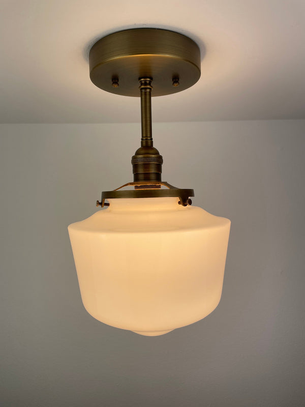 1960's 8" Opal/Milk Glass Schoolhouse Shade now a semiflush fixture with Antique Brass Hardware
