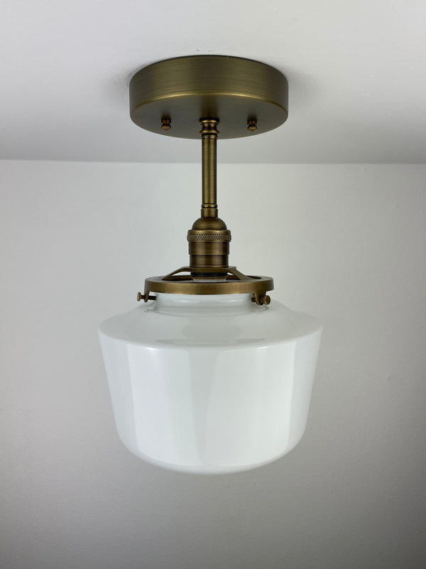 1960's 8" Opal/Milk Glass Schoolhouse Shade now a semiflush fixture with Antique Brass Hardware