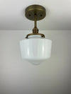 1960's 8" Opal/Milk Glass Schoolhouse Shade now a semiflush fixture with Antique Brass Hardware