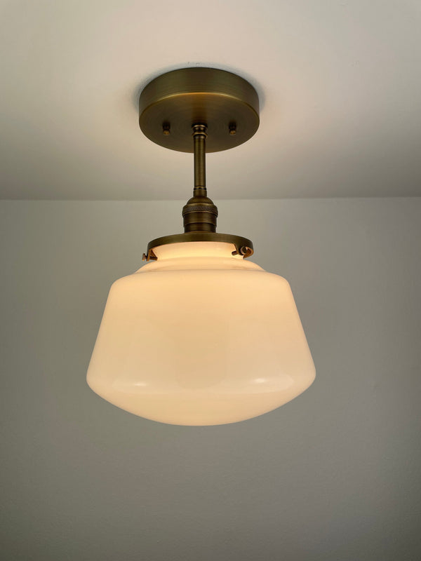 1940's 9" Opal/Milk Glass Schoolhouse Shade now a semiflush fixture with Antique Brass Hardware