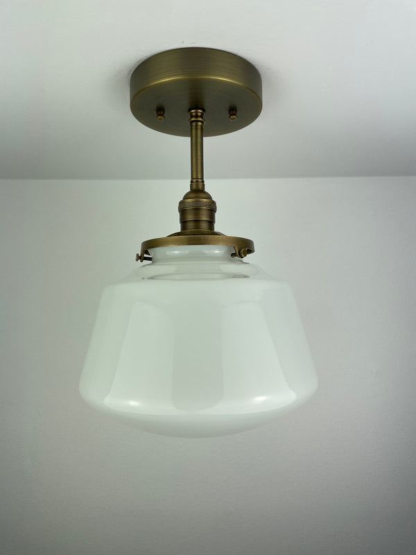 1940's 9" Opal/Milk Glass Schoolhouse Shade now a semiflush fixture with Antique Brass Hardware