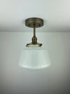 1940's 9" Opal/Milk Glass Schoolhouse Shade now a semiflush fixture with Antique Brass Hardware