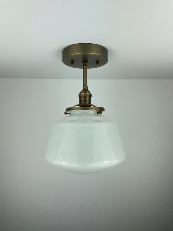 1940's 9" Opal/Milk Glass Schoolhouse Shade now a semiflush fixture with Antique Brass Hardware