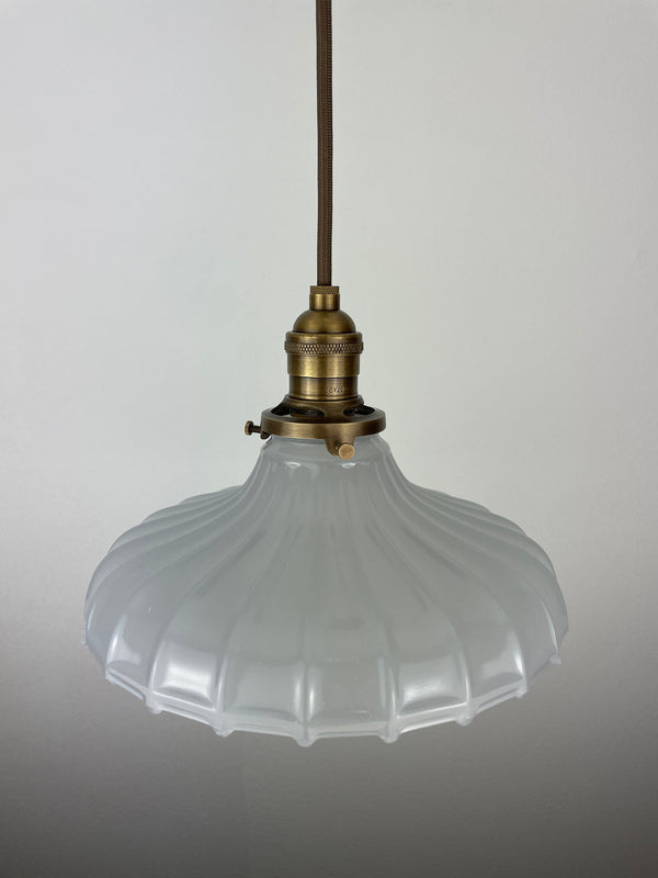 Large Antique 9" Off White  really Translucent Fluted Milk Glass Shades now a beautiful Pendant Light with Antique Brass hardware