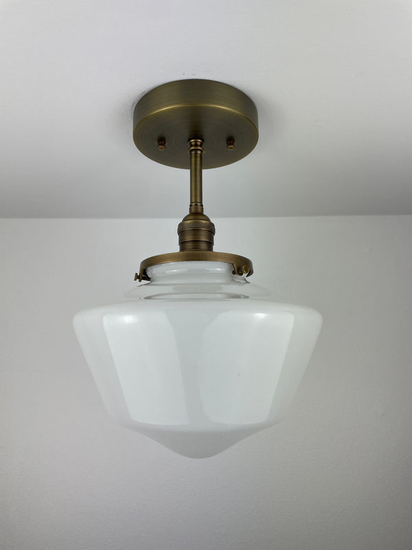 1960's 9" Opal/Milk Glass Schoolhouse Shade now a semiflush fixture with Antique Brass Hardware