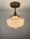 1960's 9" Opal/Milk Glass Schoolhouse Shade now a semiflush fixture with Antique Brass Hardware